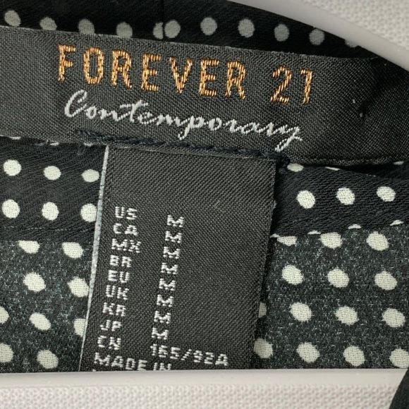Womens Forever 21 Tie Neck Dot Blouse Size M Black Black EUC Long Sleeve 5075 - Picture 5 of 6